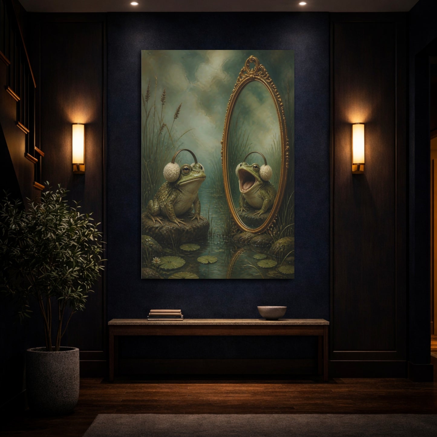 Mockup 4. Funny Frog With Earmuffs shown as canvas print