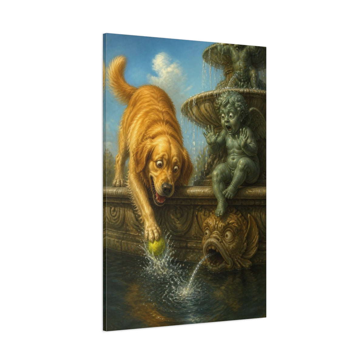 Side Mockup 1. Funny Golden Retriever Rescue shown as canvas print