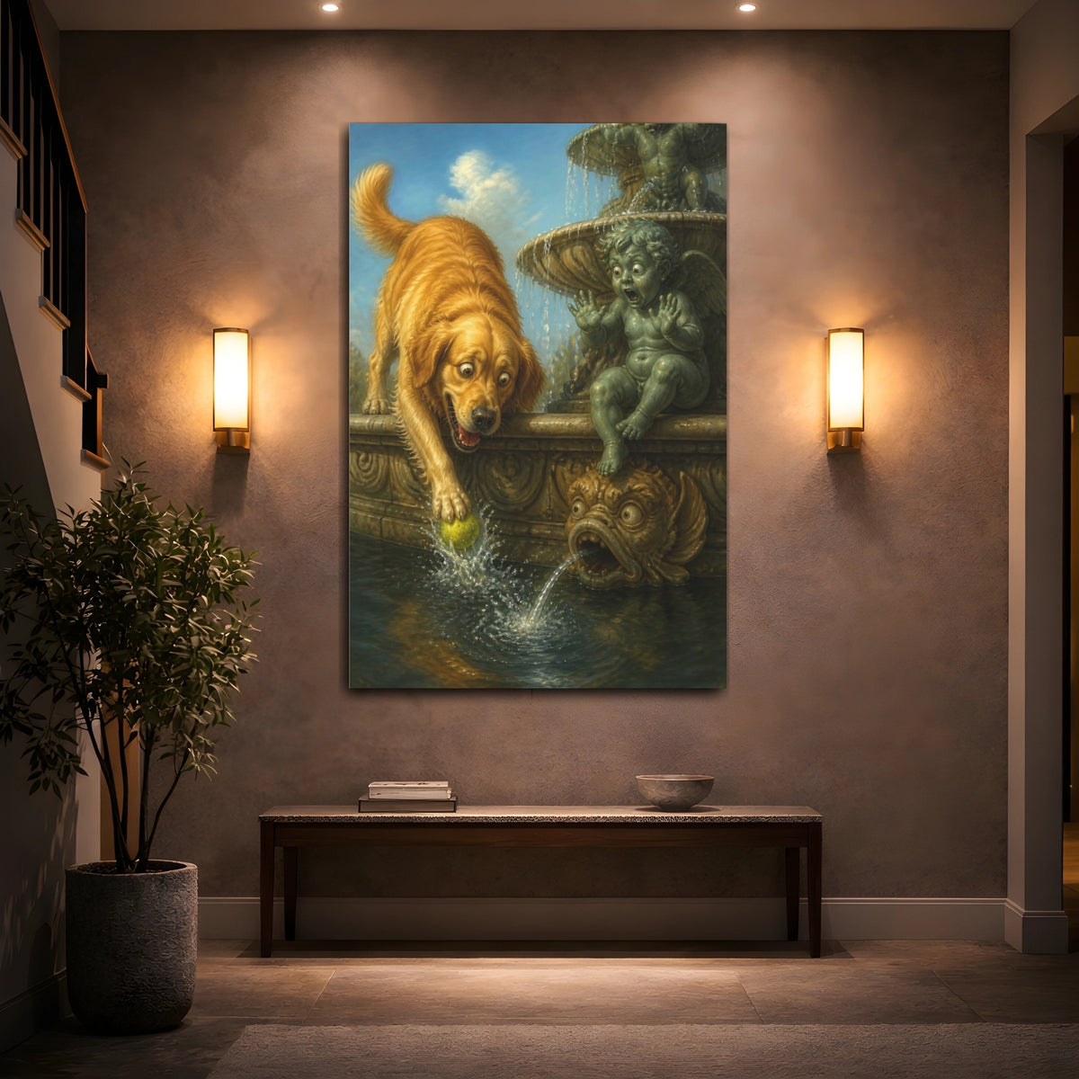 Mockup 2. Funny Golden Retriever Rescue shown as canvas print