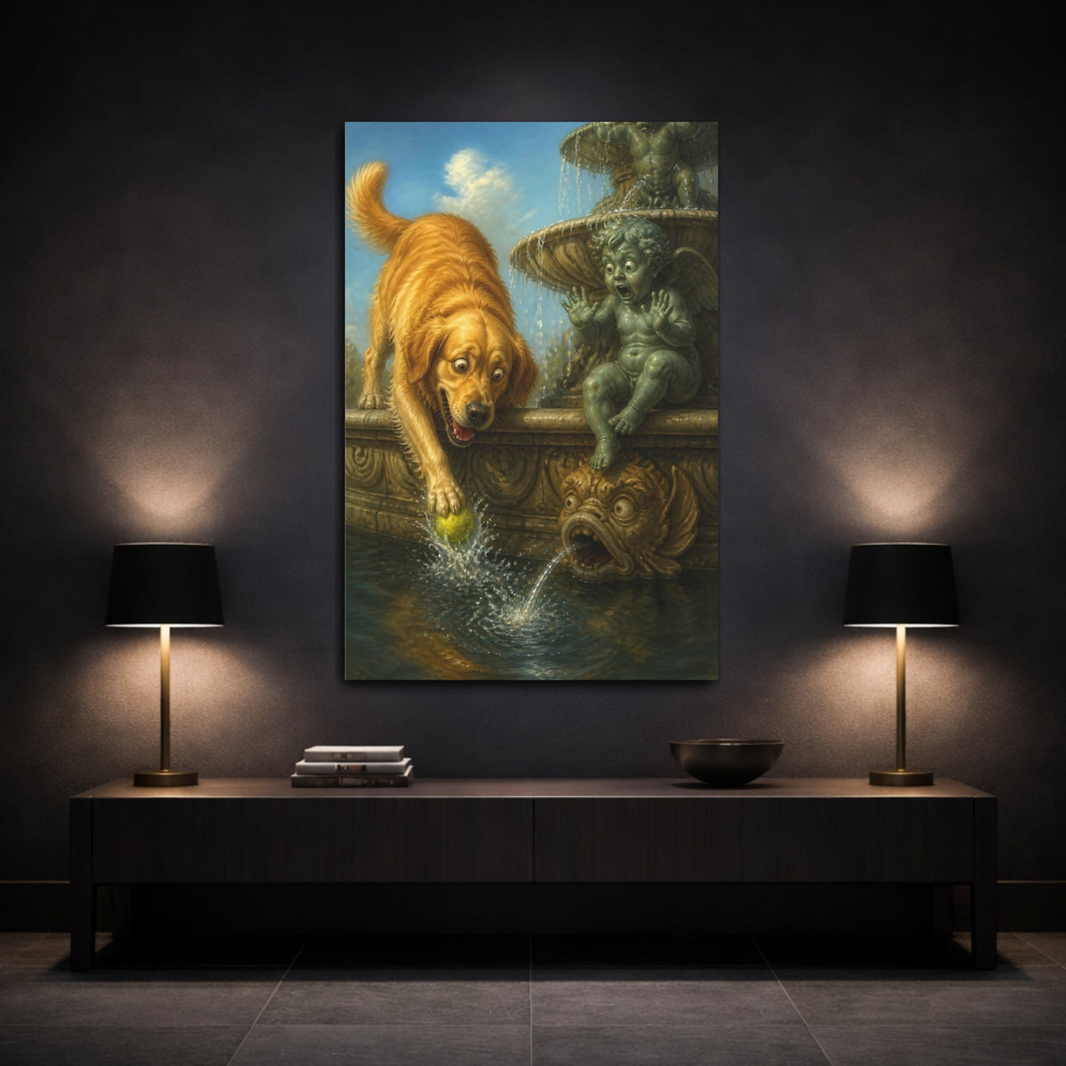 Mockup 3. Funny Golden Retriever Rescue shown as canvas print