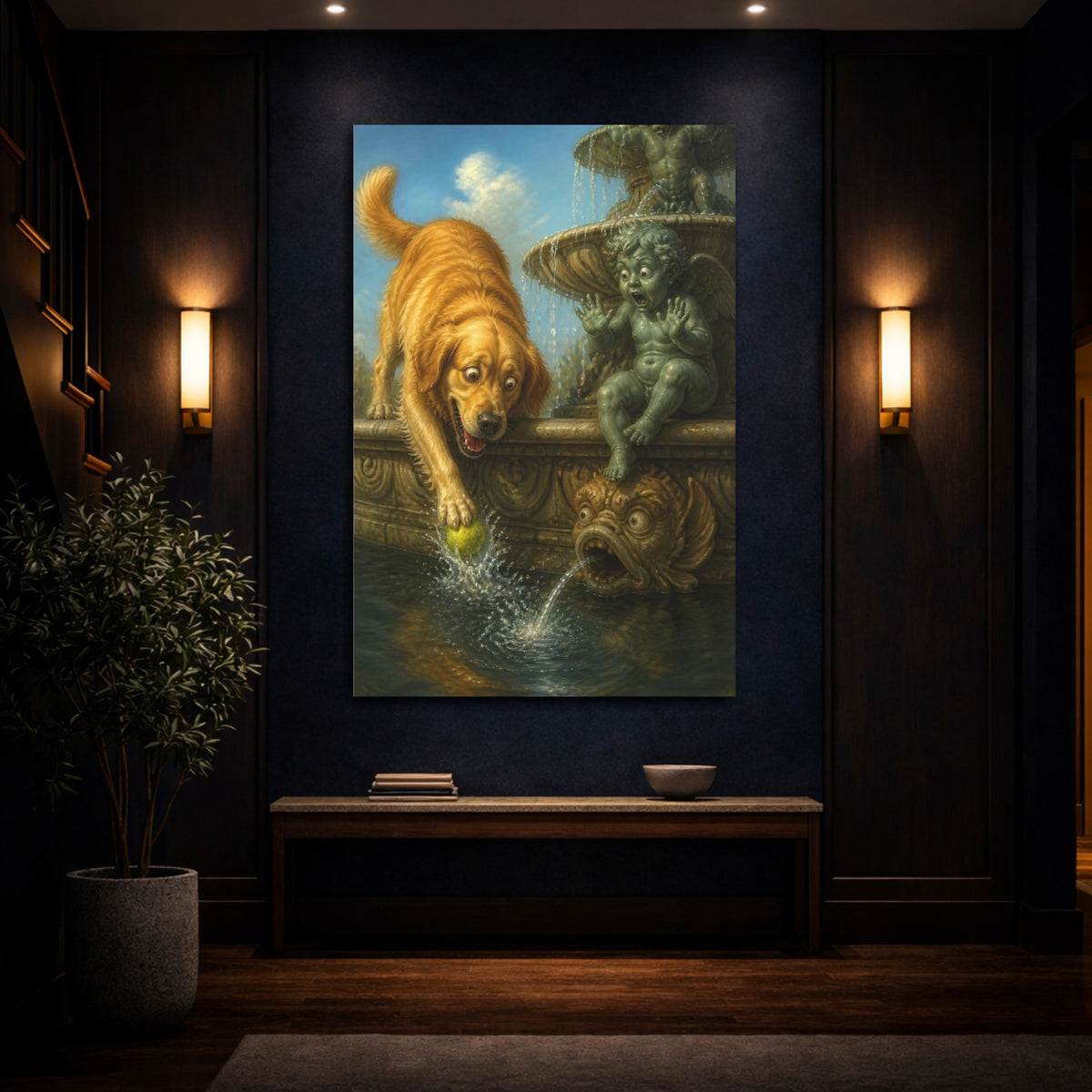 Mockup 4. Funny Golden Retriever Rescue shown as canvas print