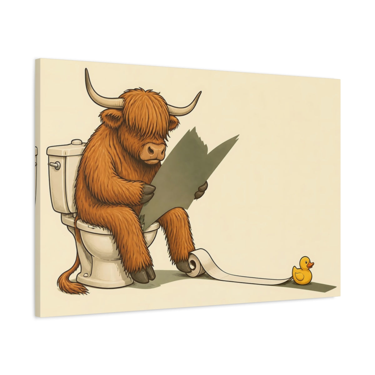 Main Mockup. Funny Highland Cow On Toilet shown as canvas print