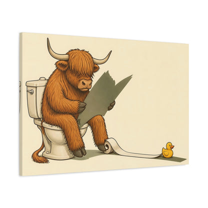 Main Mockup. Funny Highland Cow On Toilet shown as canvas print