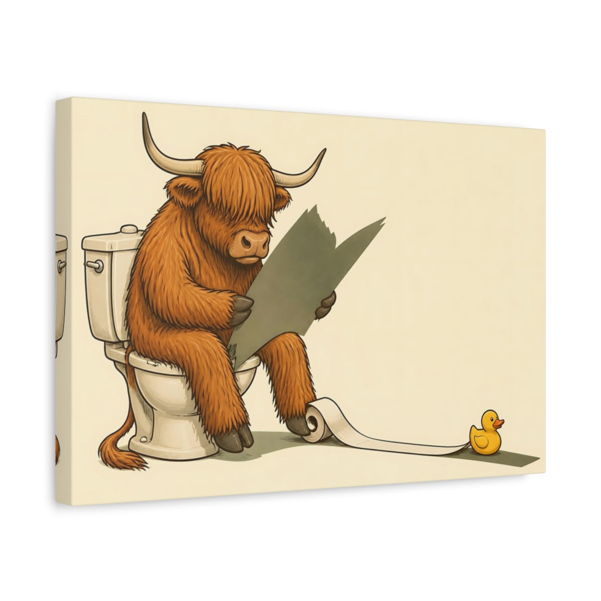 Side Mockup 4. Funny Highland Cow On Toilet shown as canvas print