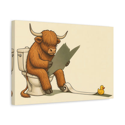 Side Mockup 4. Funny Highland Cow On Toilet shown as canvas print