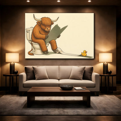 Mockup 2. Funny Highland Cow On Toilet shown as canvas print