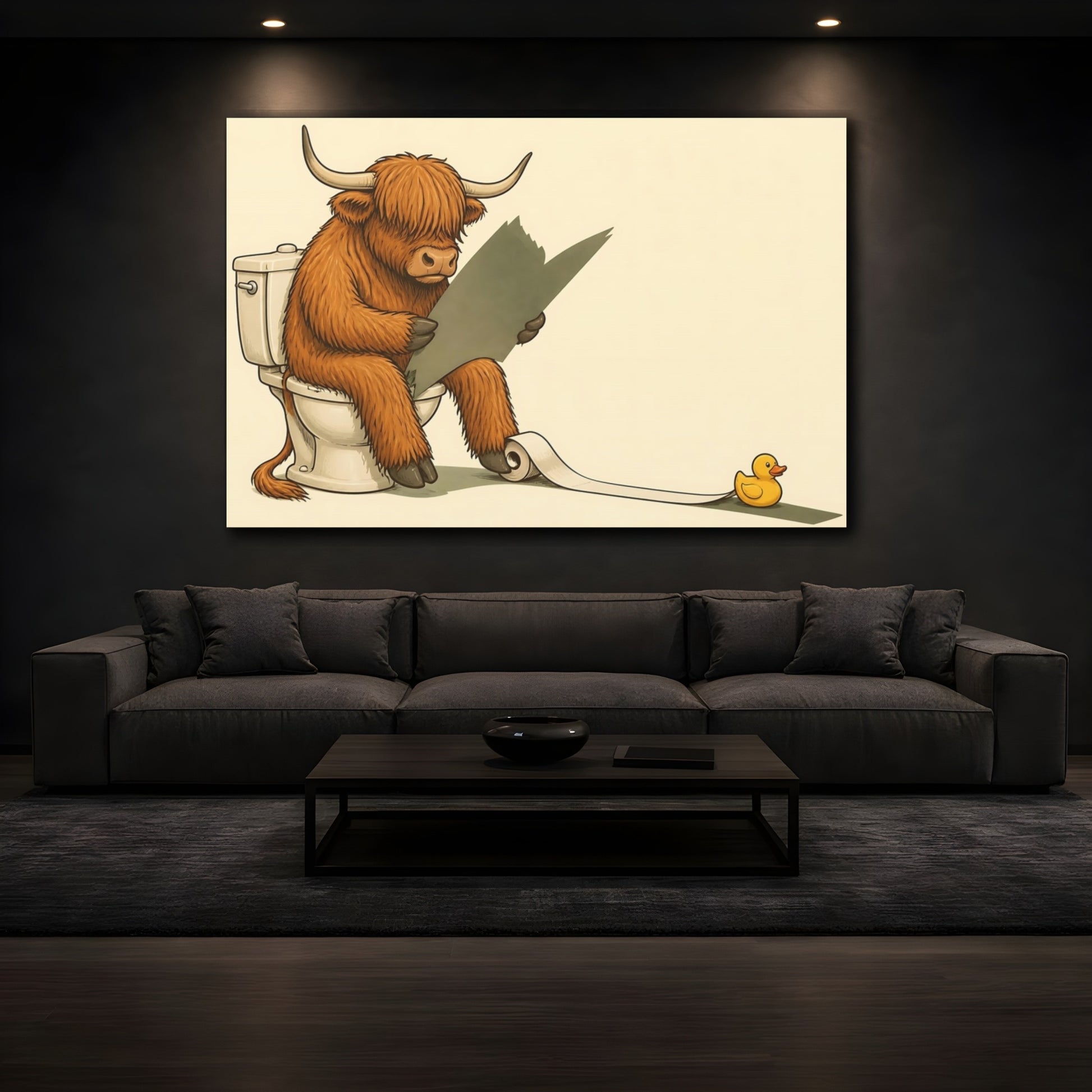Mockup 3. Funny Highland Cow On Toilet shown as canvas print