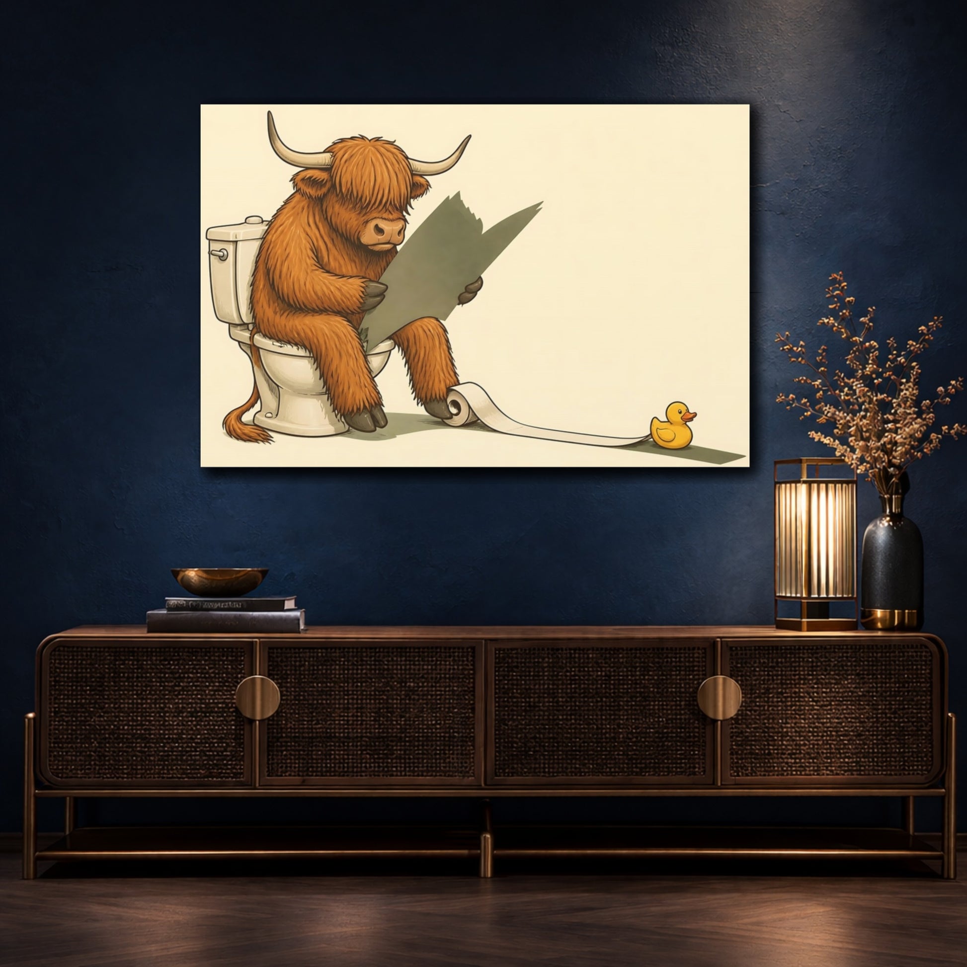 Mockup 4. Funny Highland Cow On Toilet shown as canvas print