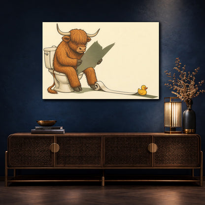 Mockup 4. Funny Highland Cow On Toilet shown as canvas print