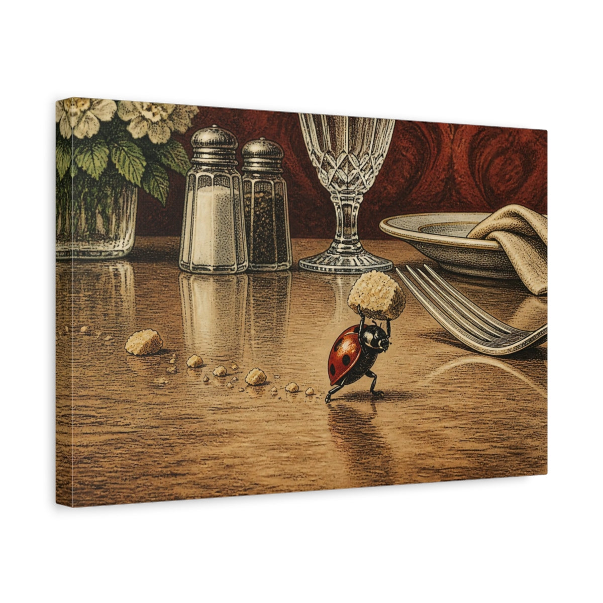 Side Mockup 4. Funny Ladybug Carrying Crumb shown as canvas print