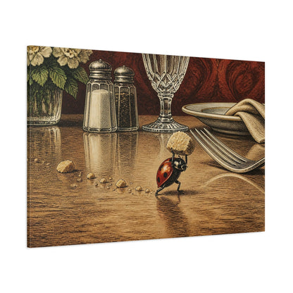 Side Mockup 1. Funny Ladybug Carrying Crumb shown as canvas print