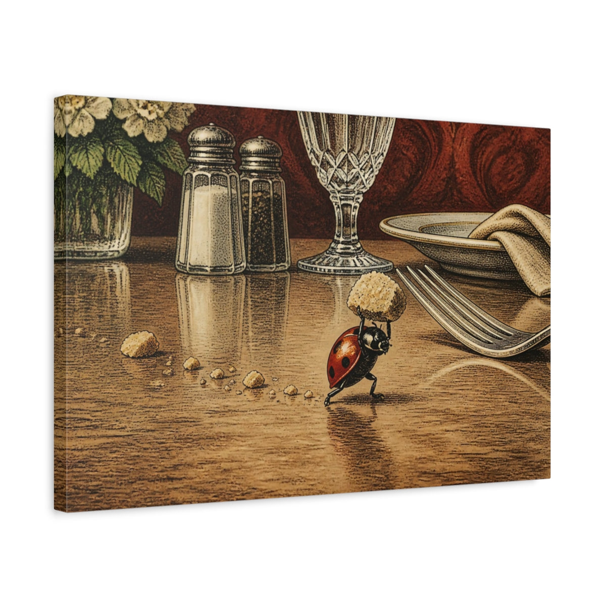 Side Mockup 3. Funny Ladybug Carrying Crumb shown as canvas print