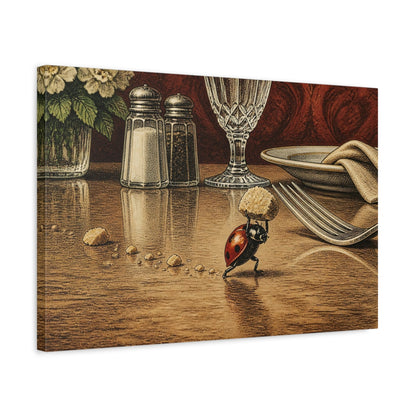 Side Mockup 3. Funny Ladybug Carrying Crumb shown as canvas print