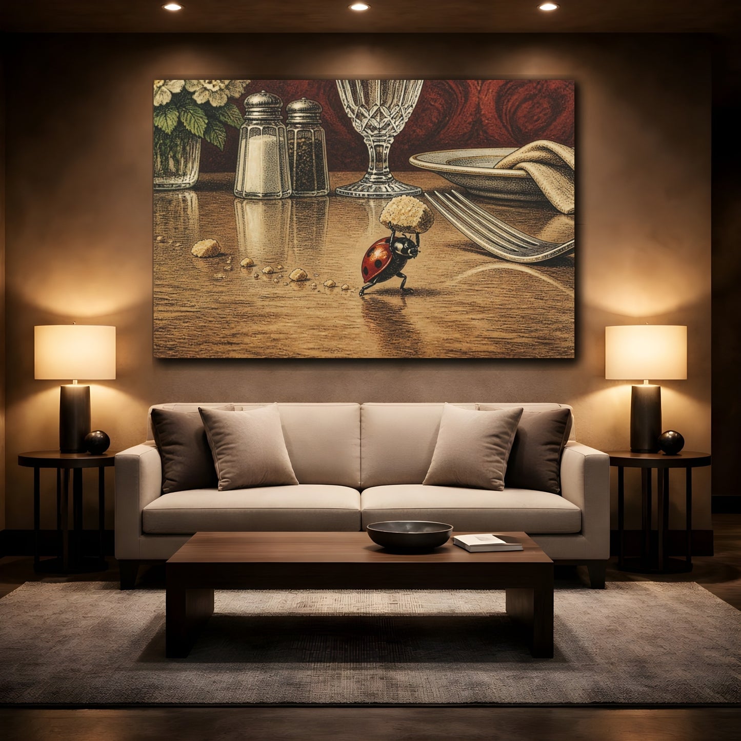 Mockup 2. Funny Ladybug Carrying Crumb shown as canvas print