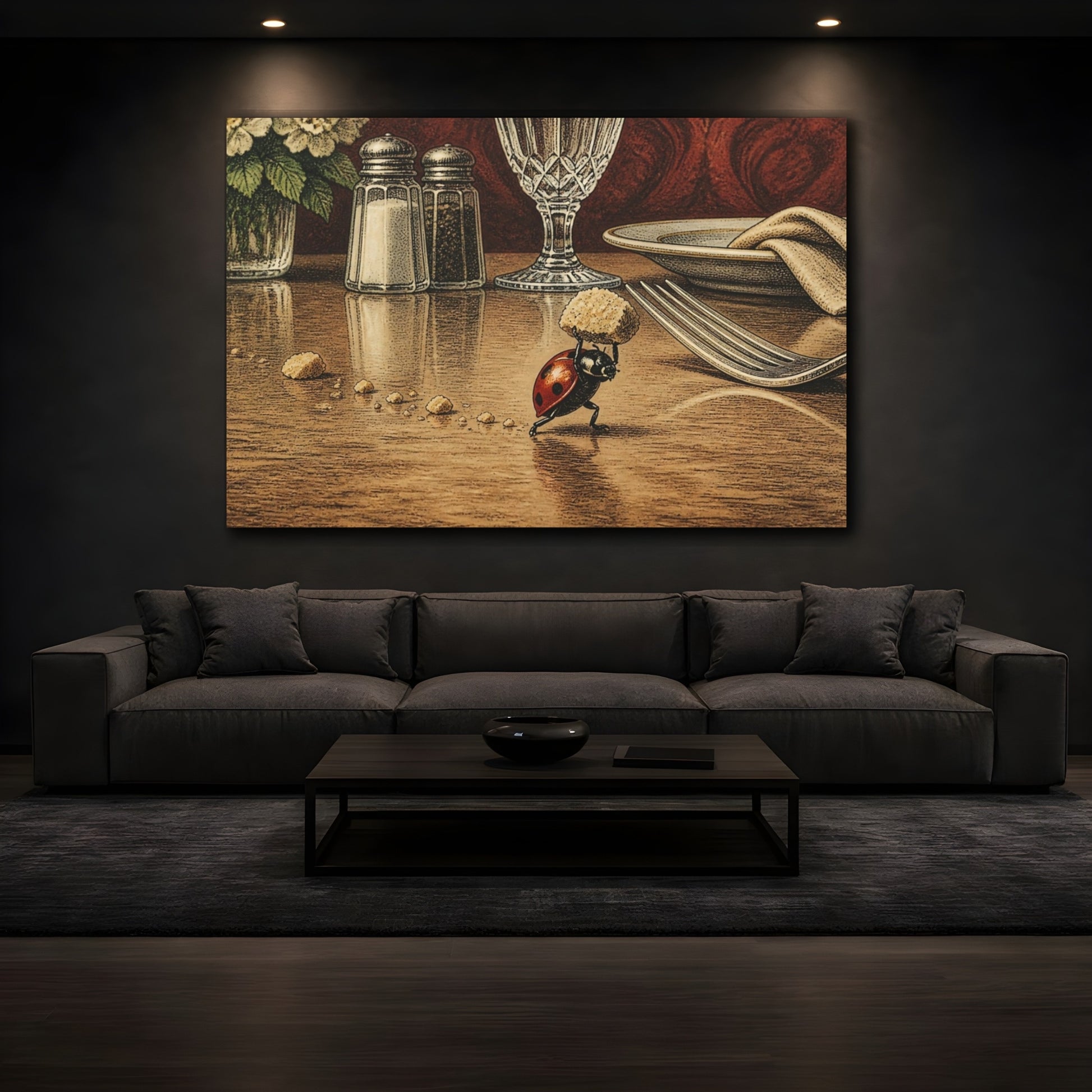 Mockup 3. Funny Ladybug Carrying Crumb shown as canvas print