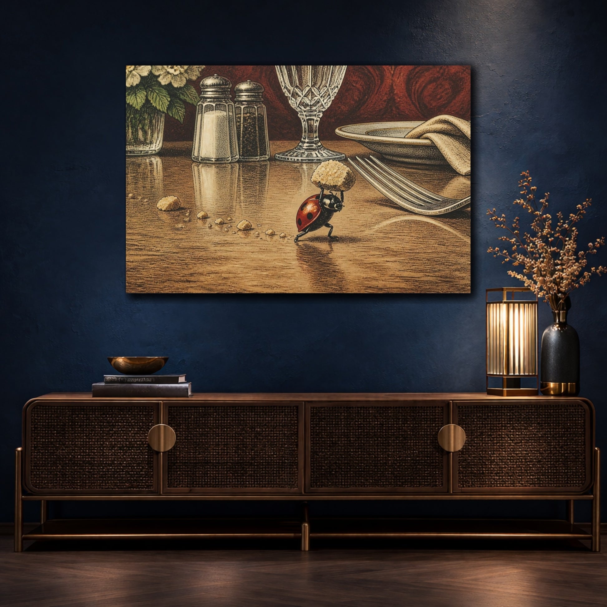 Mockup 4. Funny Ladybug Carrying Crumb shown as canvas print