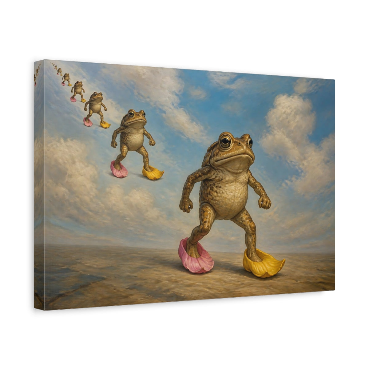 Side Mockup 4. Funny Marching Toads shown as canvas print