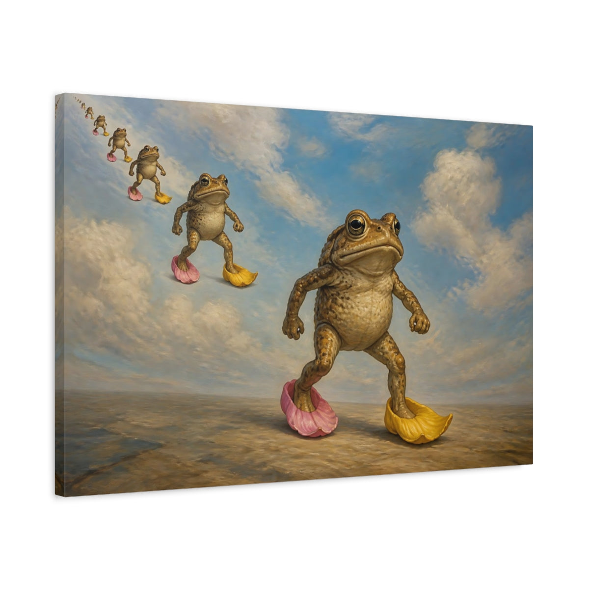 Side Mockup 2. Funny Marching Toads shown as canvas print