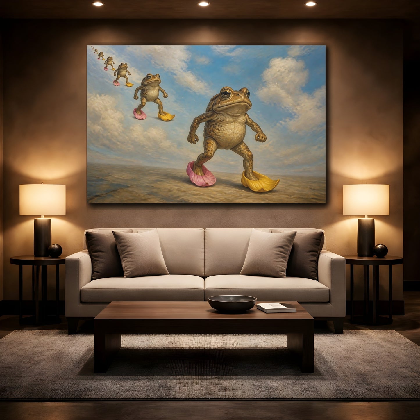 Mockup 2. Funny Marching Toads shown as canvas print