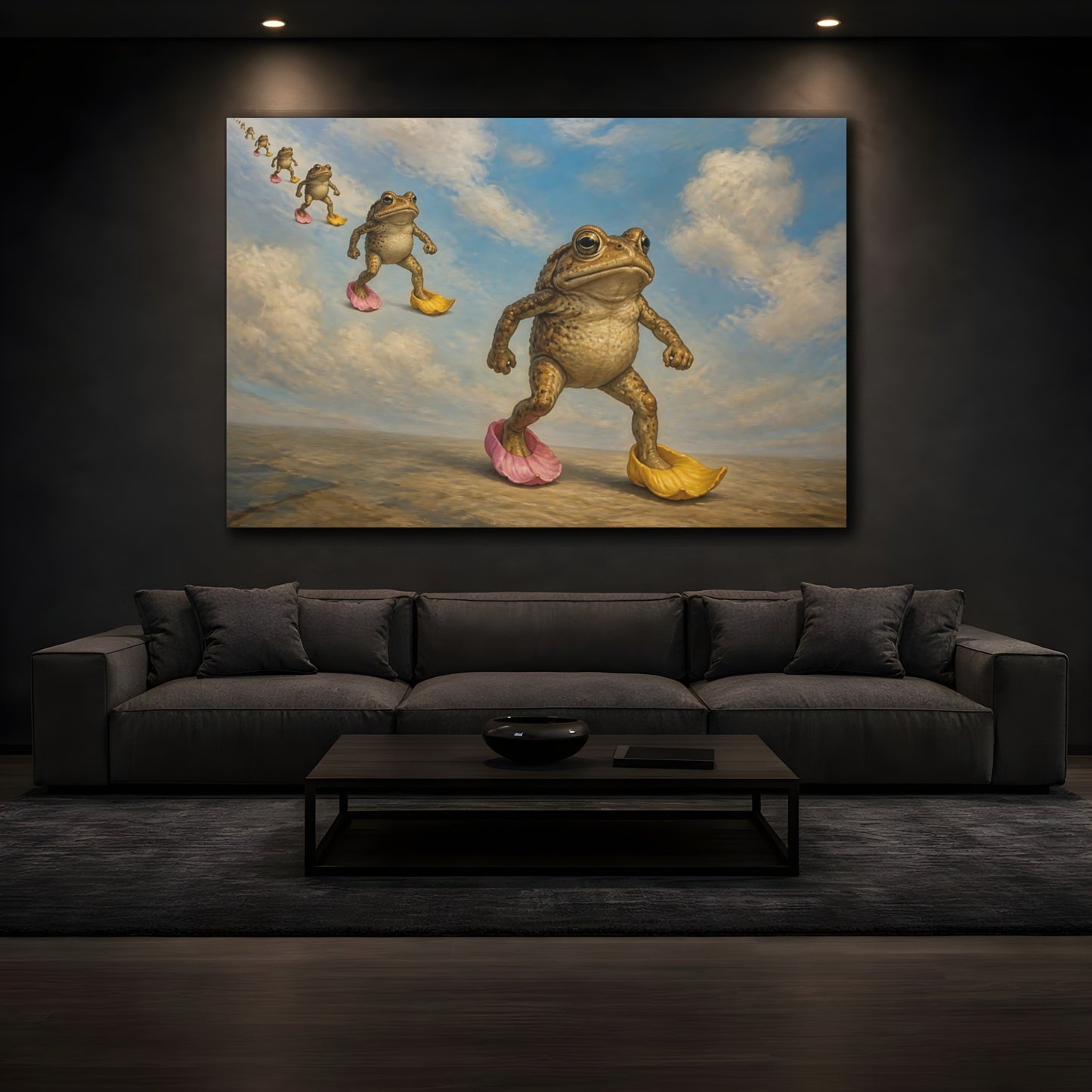 Mockup 3. Funny Marching Toads shown as canvas print