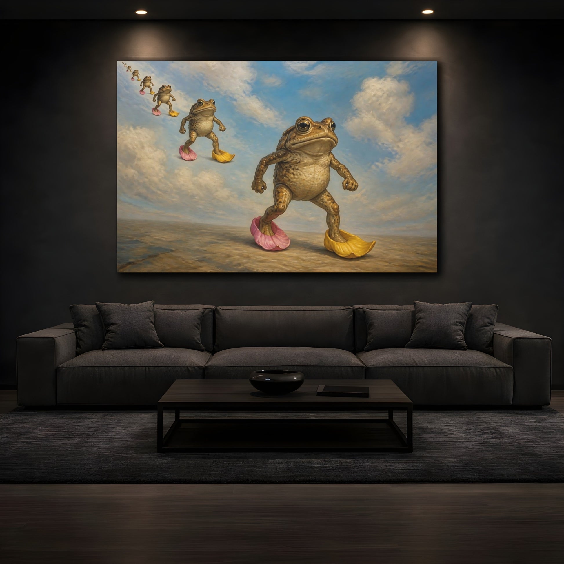 Mockup 3. Funny Marching Toads shown as canvas print