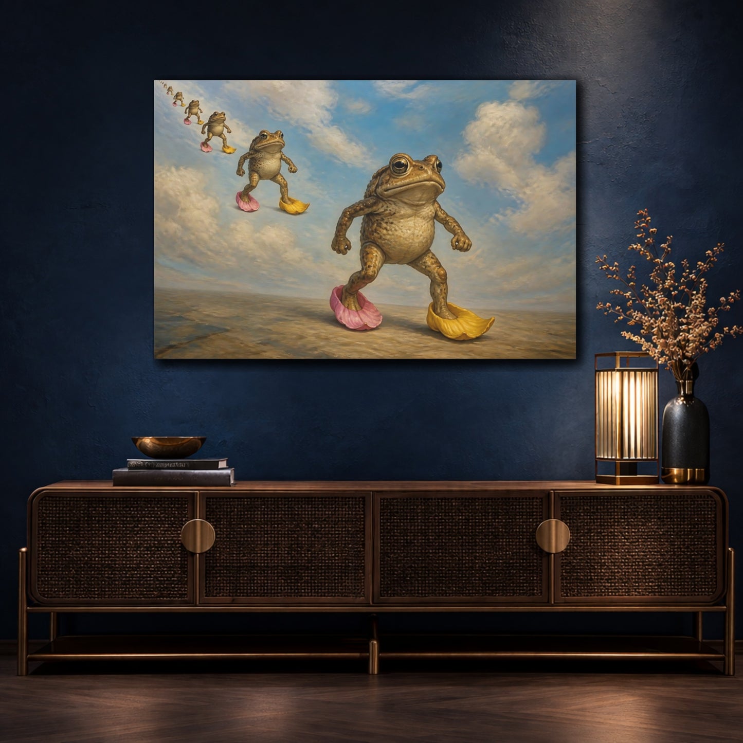 Mockup 4. Funny Marching Toads shown as canvas print