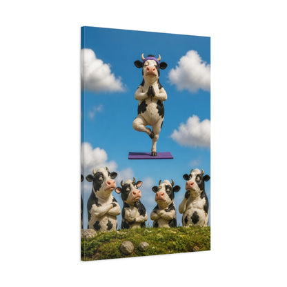 Main Mockup. Funny Meditating Cow shown as canvas print