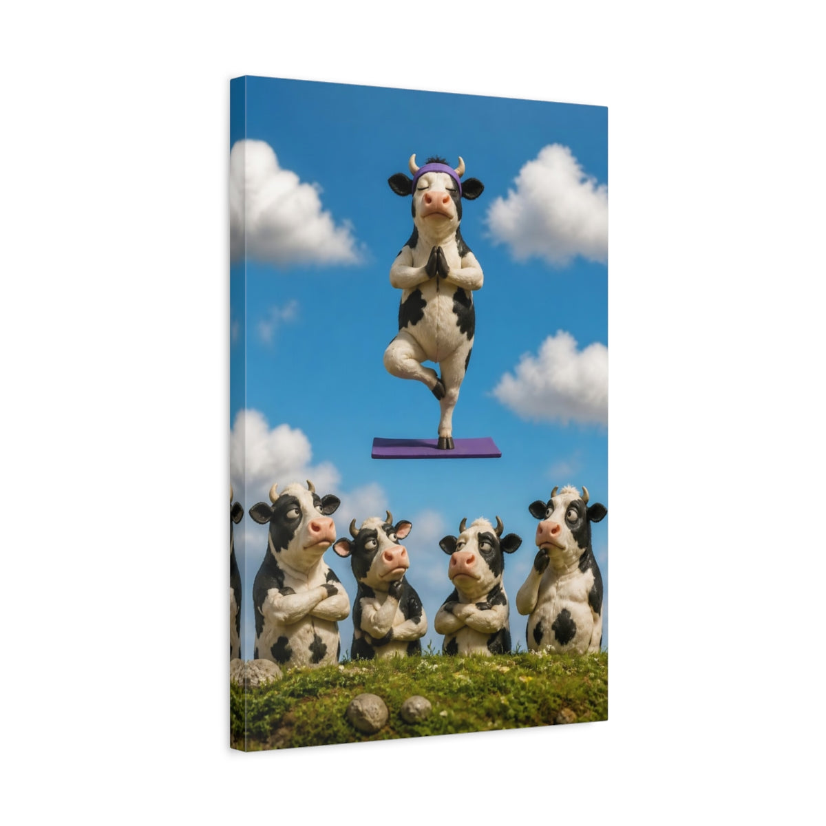 Side Mockup 3. Funny Meditating Cow shown as canvas print