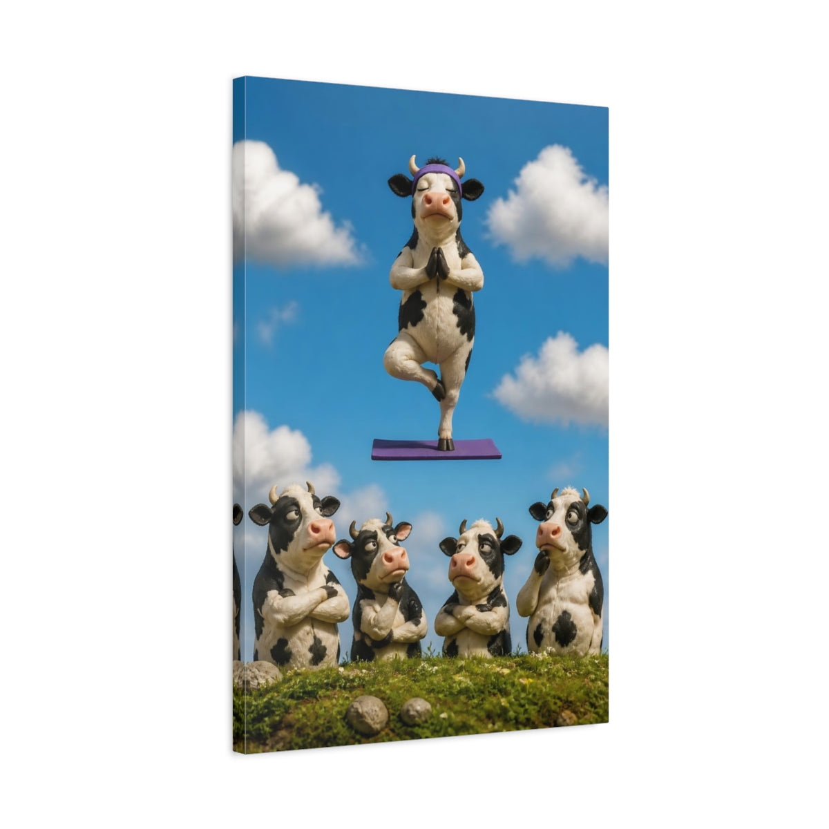 Side Mockup 2. Funny Meditating Cow shown as canvas print