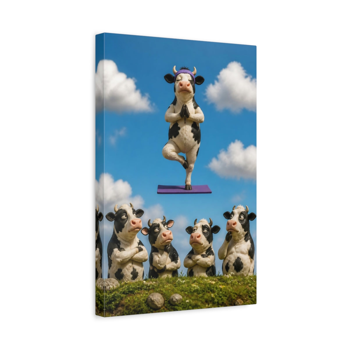 Side Mockup 4. Funny Meditating Cow shown as canvas print