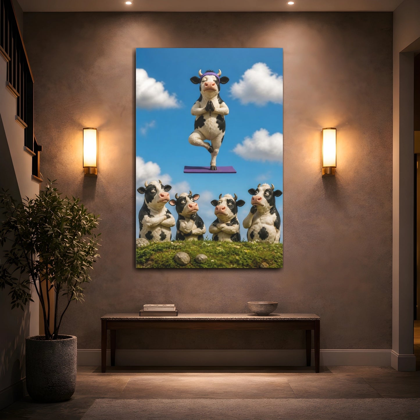 Mockup 2. Funny Meditating Cow shown as canvas print
