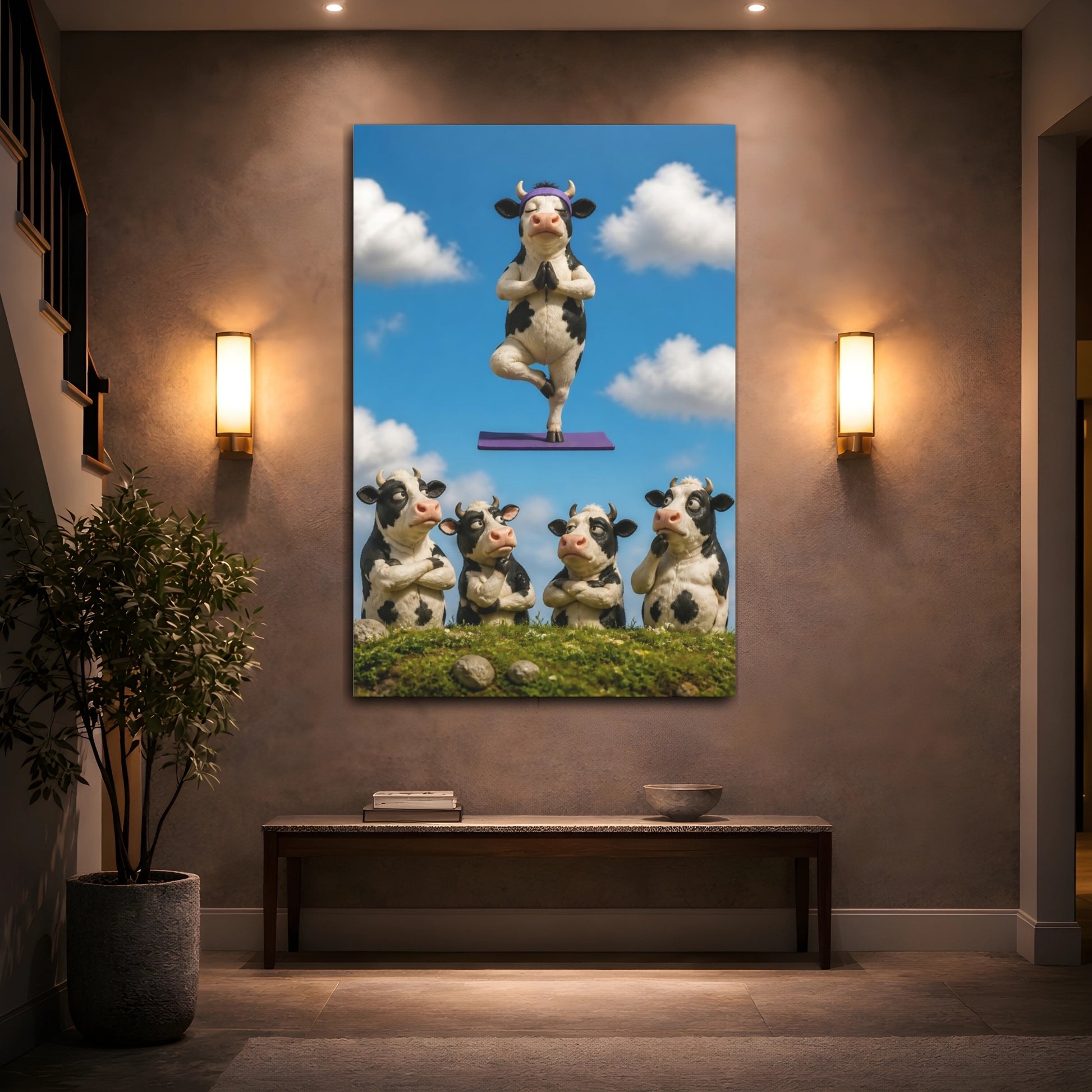 Mockup 2. Funny Meditating Cow shown as canvas print