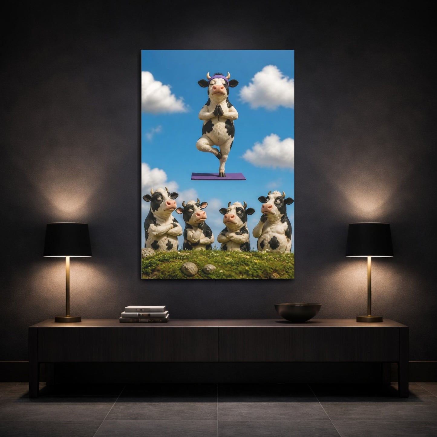 Mockup 3. Funny Meditating Cow shown as canvas print