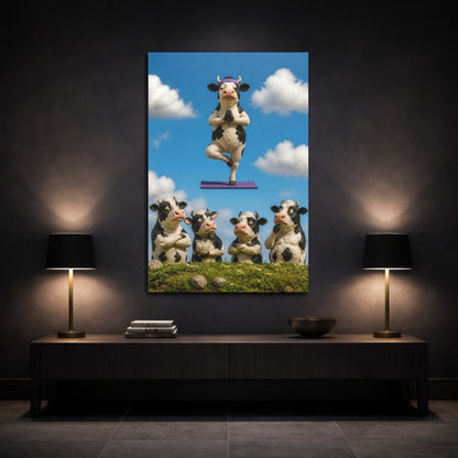 Mockup 3. Funny Meditating Cow shown as canvas print