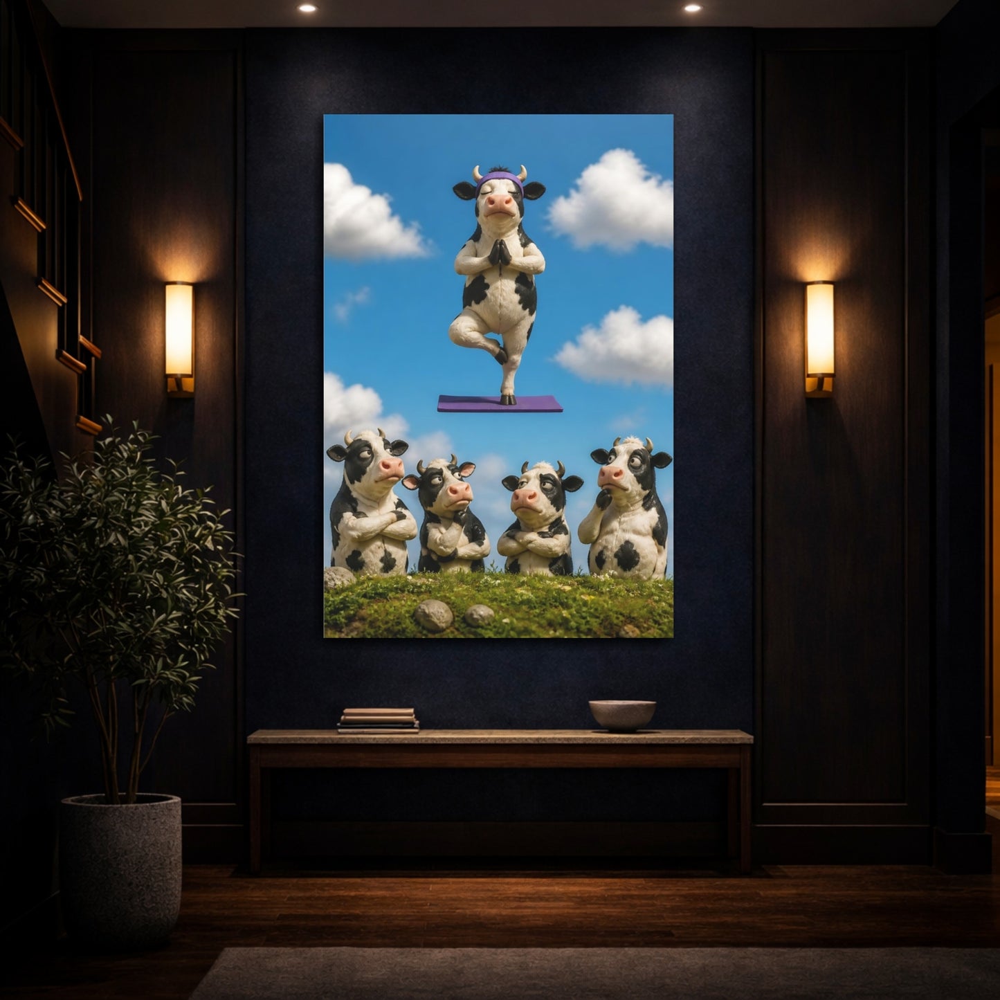 Mockup 4. Funny Meditating Cow shown as canvas print