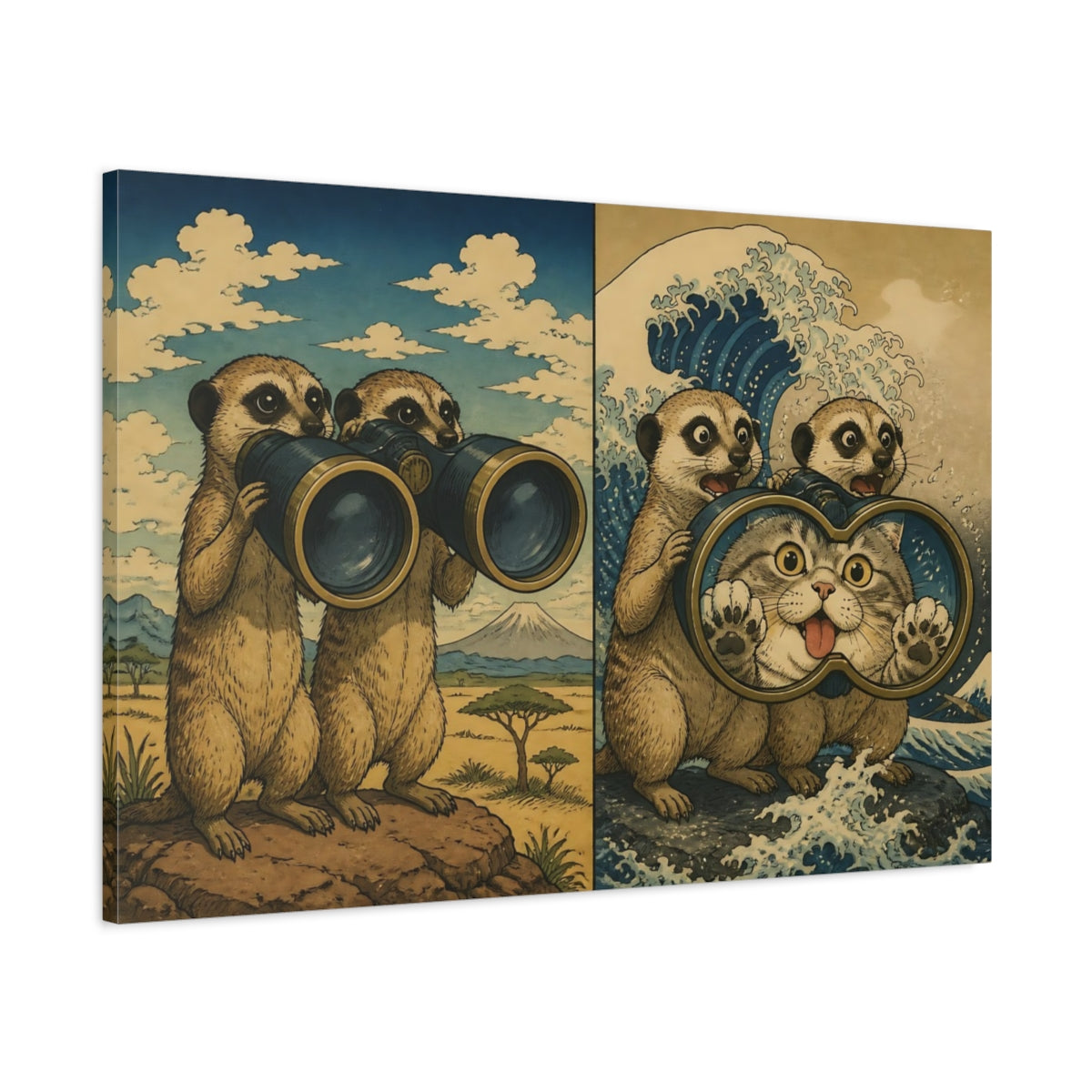 Main Mockup. Funny Meerkats With Binoculars shown as canvas print