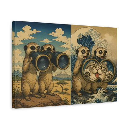 Side Mockup 4. Funny Meerkats With Binoculars shown as canvas print