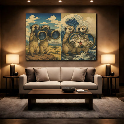 Mockup 2. Funny Meerkats With Binoculars shown as canvas print