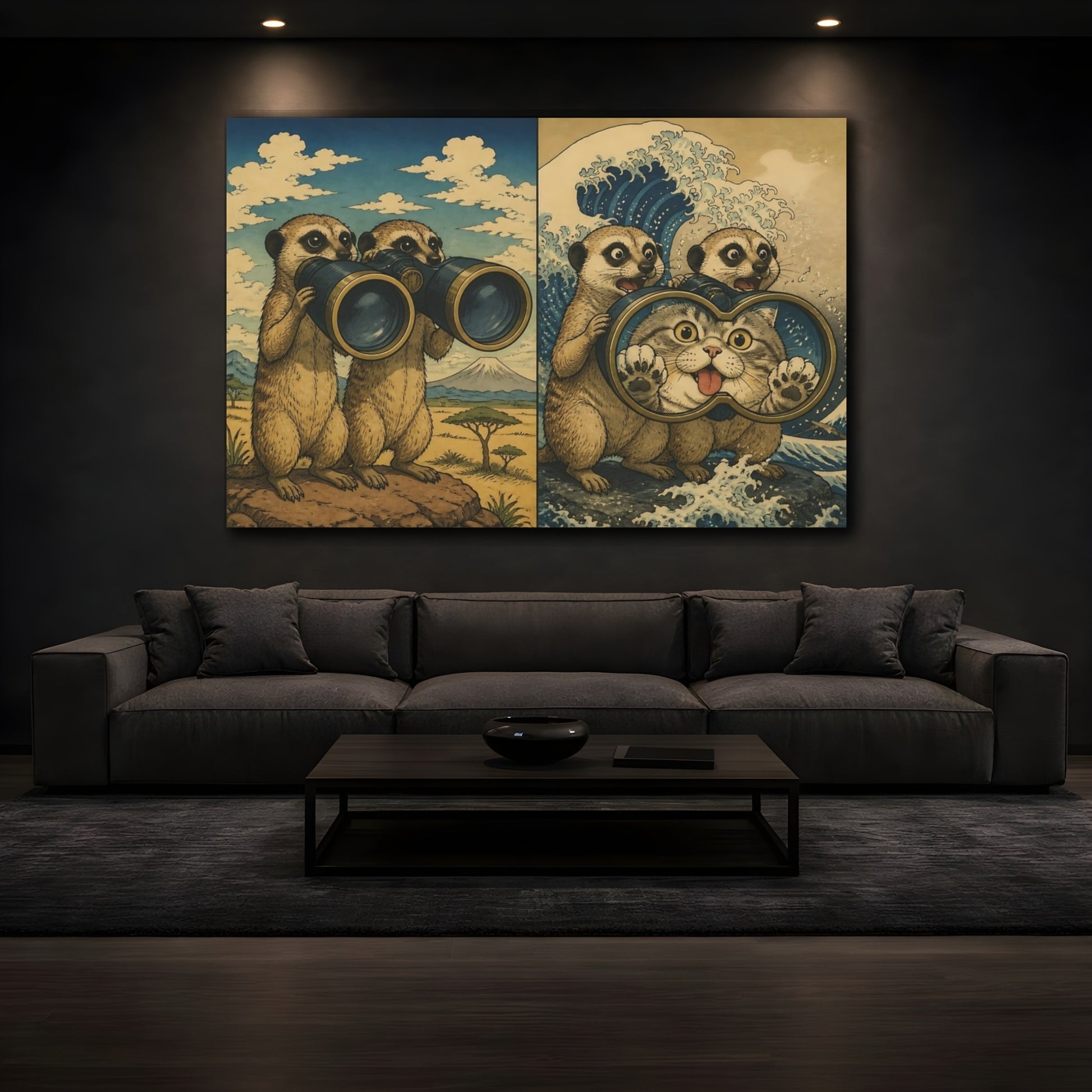 Mockup 3. Funny Meerkats With Binoculars shown as canvas print