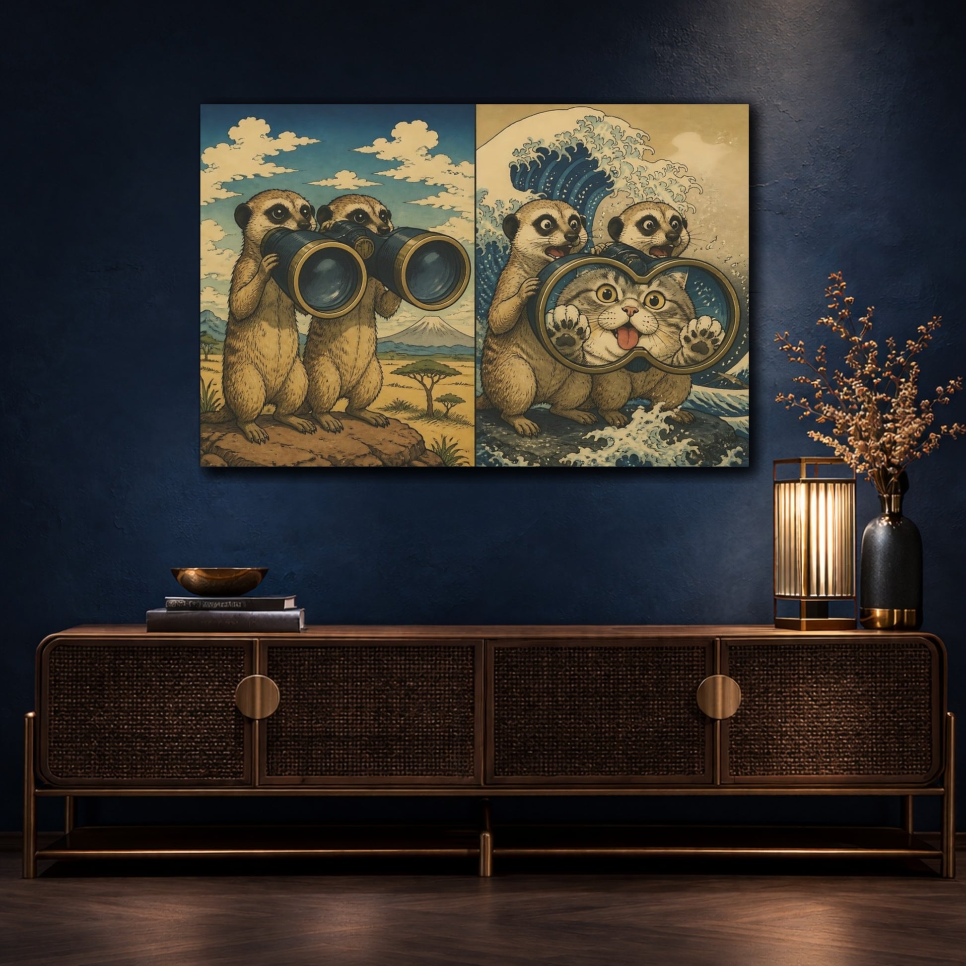 Mockup 4. Funny Meerkats With Binoculars shown as canvas print
