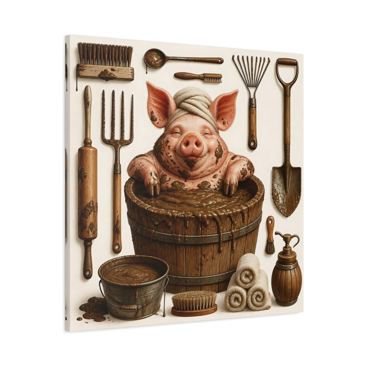 Main Mockup. Funny Mud Spa Pig shown as canvas print