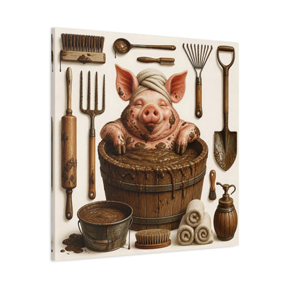 Main Mockup. Funny Mud Spa Pig shown as canvas print