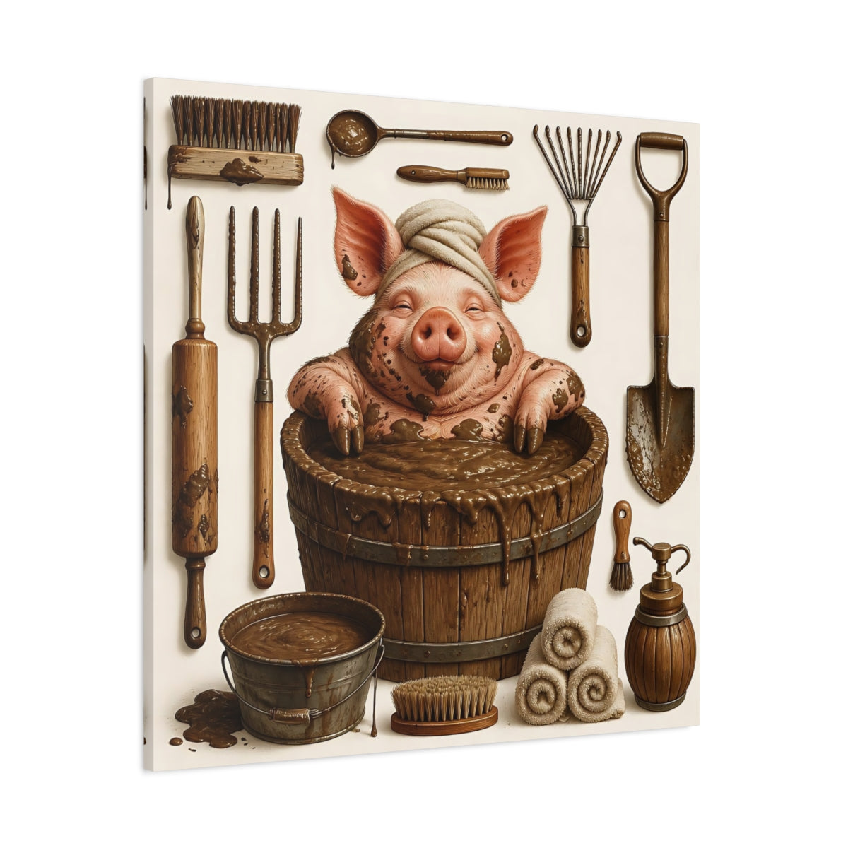 Side Mockup 1. Funny Mud Spa Pig shown as canvas print