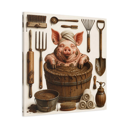 Side Mockup 3. Funny Mud Spa Pig shown as canvas print