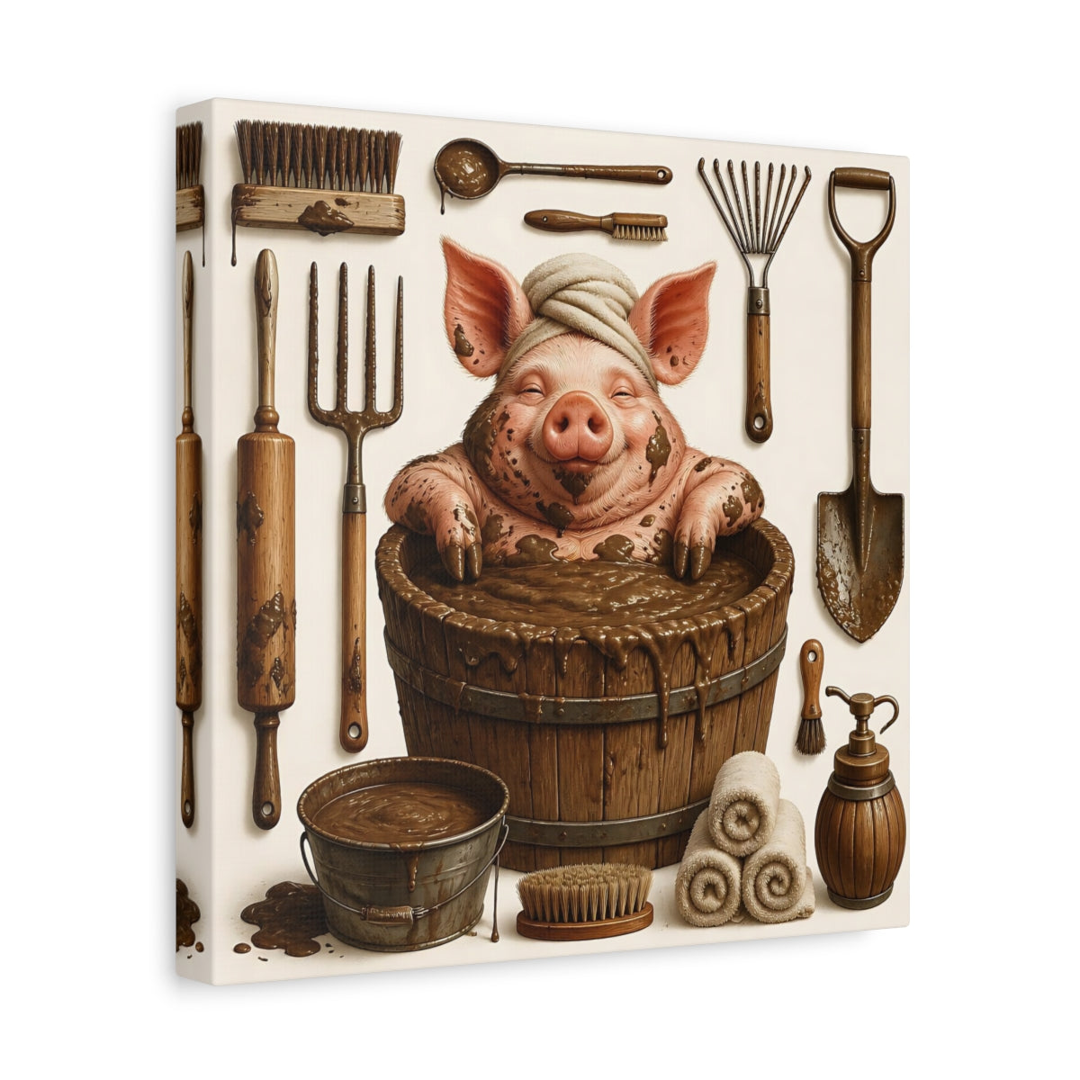 Side Mockup 8. Funny Mud Spa Pig shown as canvas print