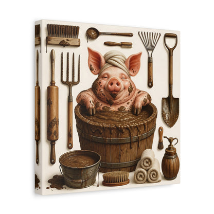 Side Mockup 8. Funny Mud Spa Pig shown as canvas print