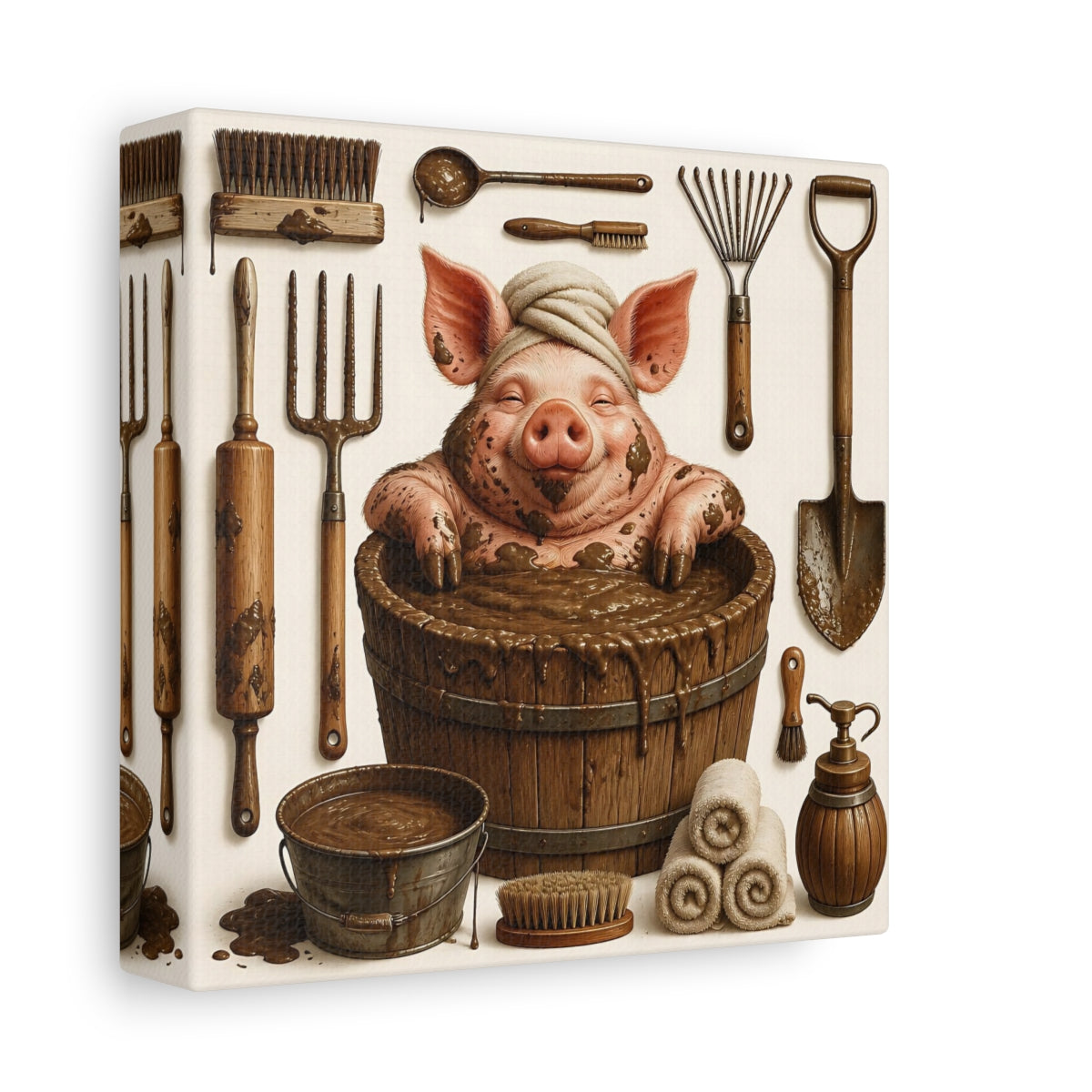 Side Mockup 2. Funny Mud Spa Pig shown as canvas print