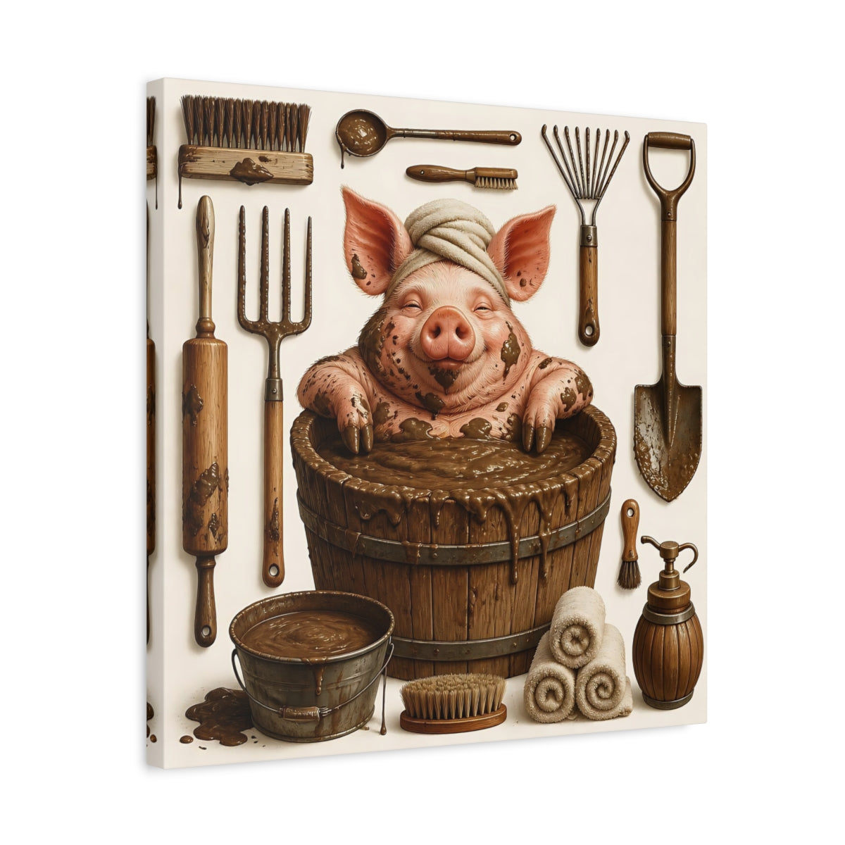 Side Mockup 5. Funny Mud Spa Pig shown as canvas print