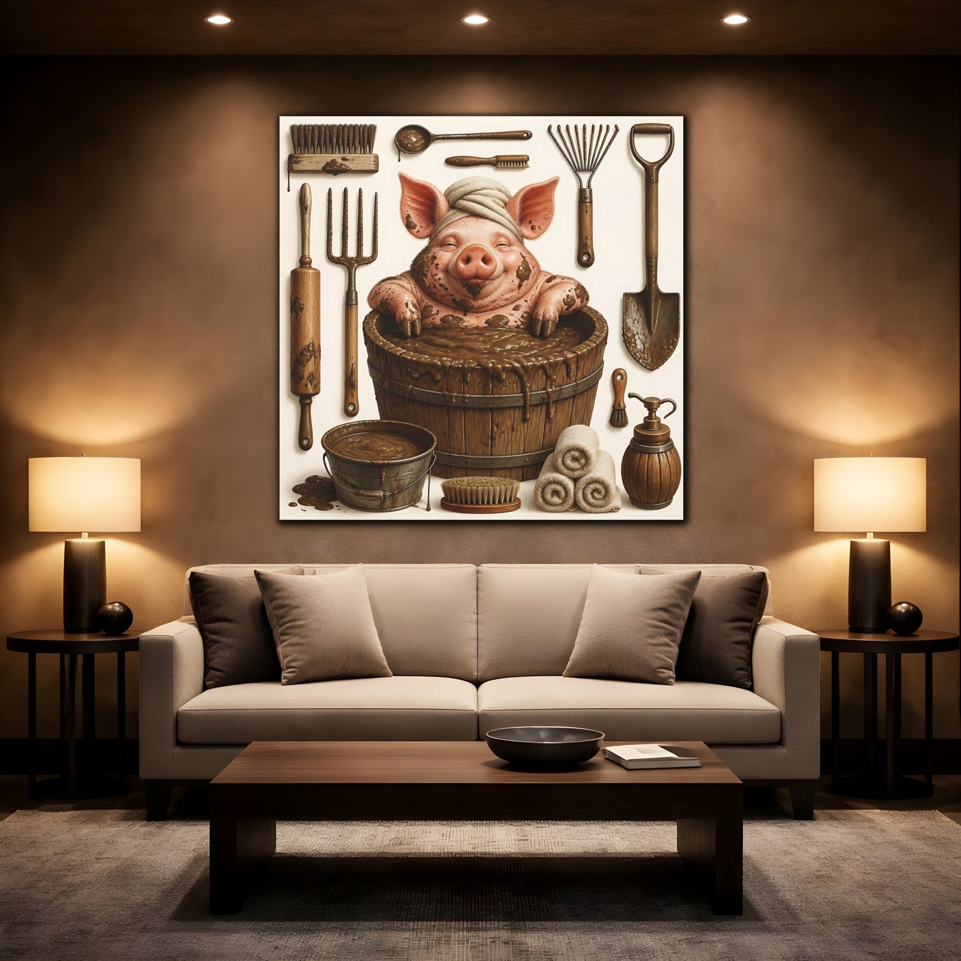 Mockup 2. Funny Mud Spa Pig shown as canvas print