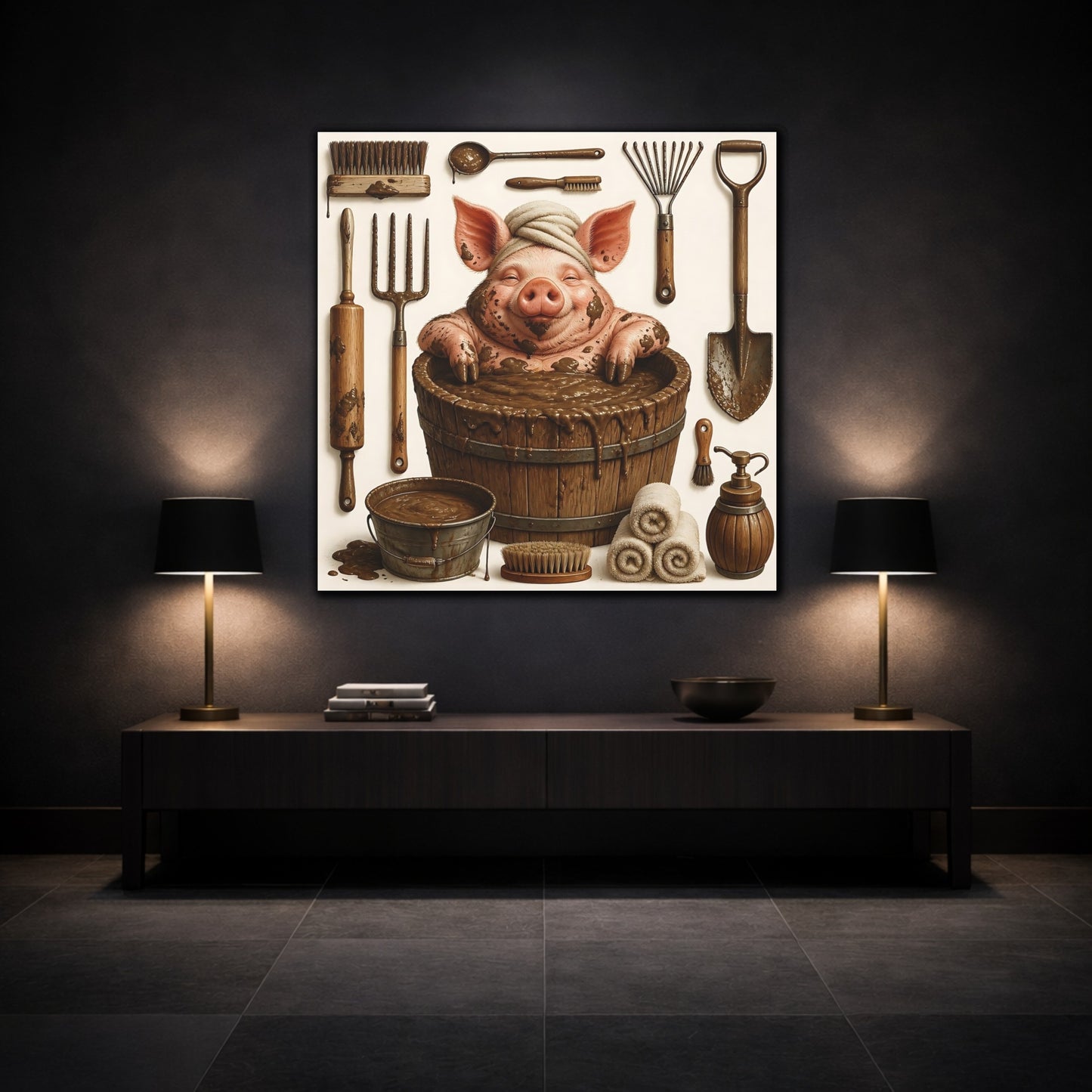 Mockup 3. Funny Mud Spa Pig shown as canvas print